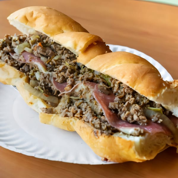 A J&M Italian American Cuisine cheesesteak sandwich, filled with meat, onions, and peppers, on a white paper plate.